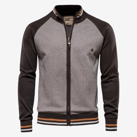 Gray and black jacket with a zipper on a white background