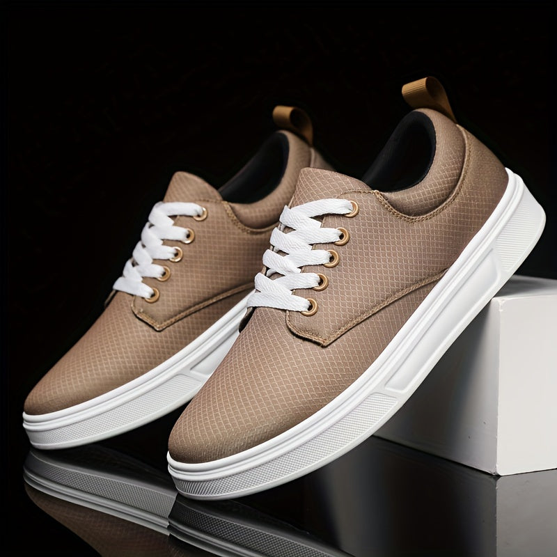 Pair of brown sneakers with white soles on a black background