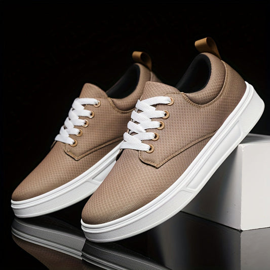 Pair of brown sneakers with white soles on a black background
