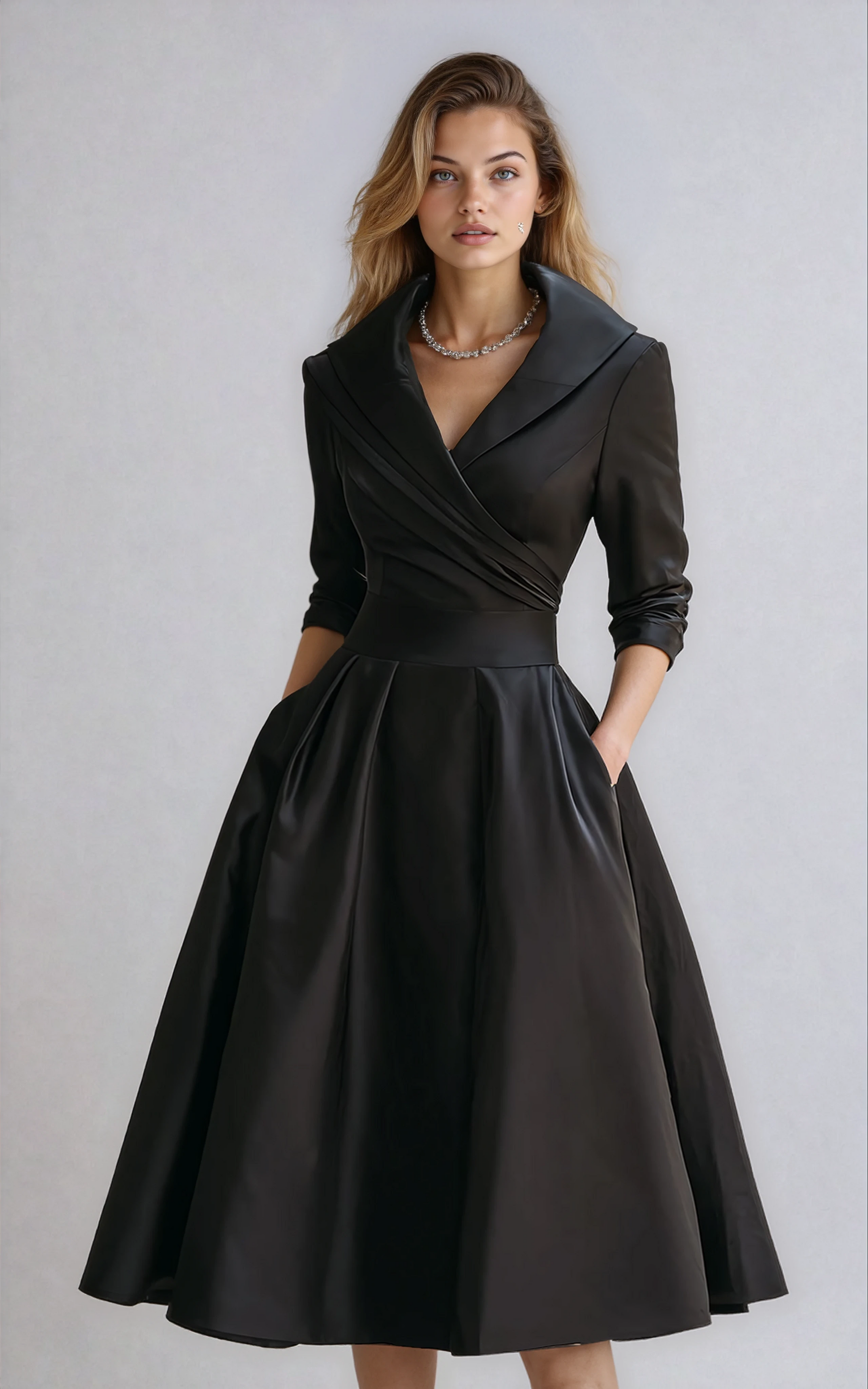 Woman wearing a black dress with long sleeves on a gray background