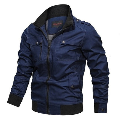 Blue jacket with black accents on a white background