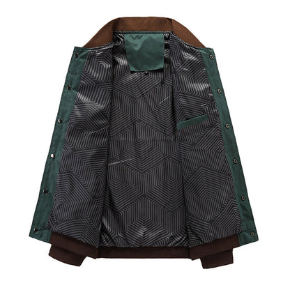 Green and brown patterned jacket on a white background